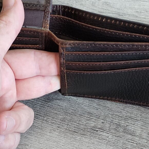 Western Dark Brown Leather Bifold Wallet Cowhide Inlay Cross Silver Stud Accent - Picture 5 of 13